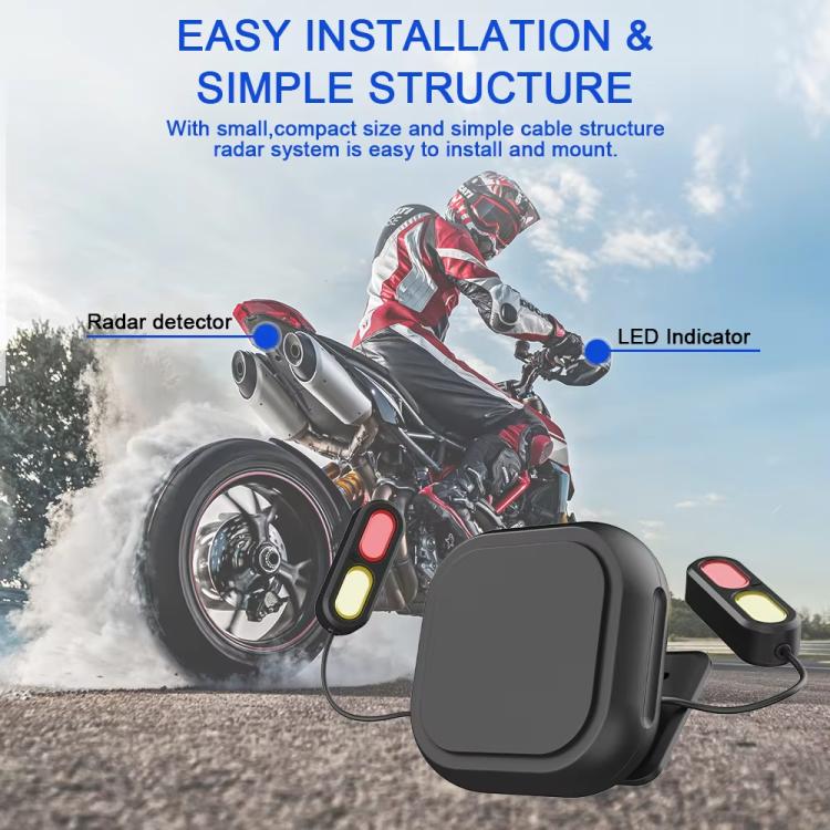 Sistema radar di rilevamento dell'angolo cieco per motociclette a 24 GHz con portata di 30 metri e assistenza al cambio di corsia per una guida sicura.