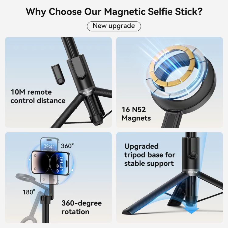 TELESIN Asta per selfie magnetica da 1,3 m, treppiede e supporto per telefono per vlog e live streaming all'aperto con telecomando Bluetooth.