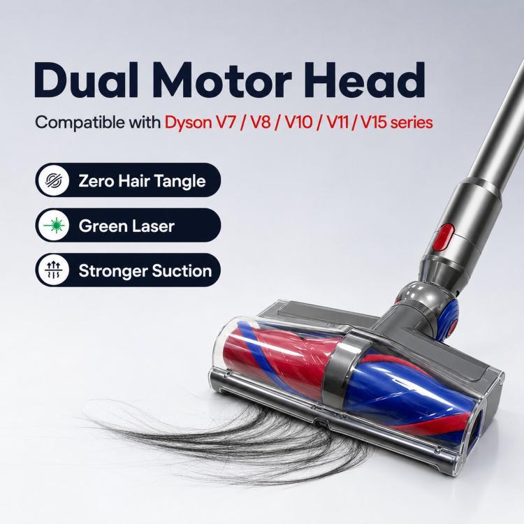 Testina di pulizia a doppio motore a trasmissione diretta, spazzola anti-groviglio, luce verde per la rilevazione della polvere., For Dyson V7/V8/V10/V11/V15, For Dyson V10 Slim/V12 Slim