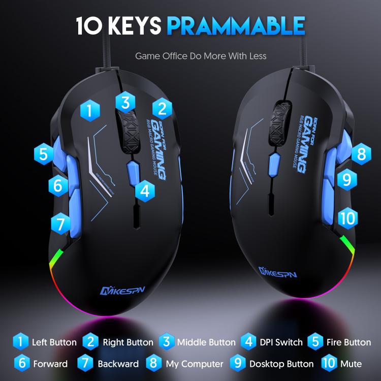MKESPN 12800 DPI Ambidextrous Wired Gaming Mouse - 10 Programmable Buttons, RGB Customization, Symmetrical Design