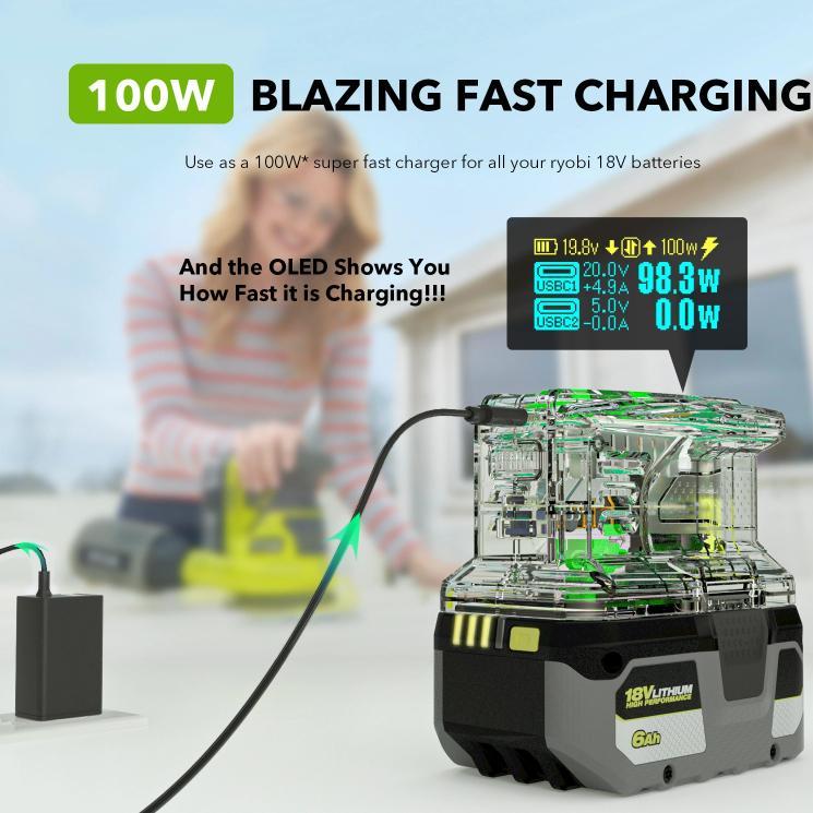 For RYOBI 18V Lithium Battery 100W Fast Charger & 145W Discharge Power Station, PSC, PSC-OB, PSC Pro, PSC Pro -OB, PSC Pro Max, PSCPM-OB