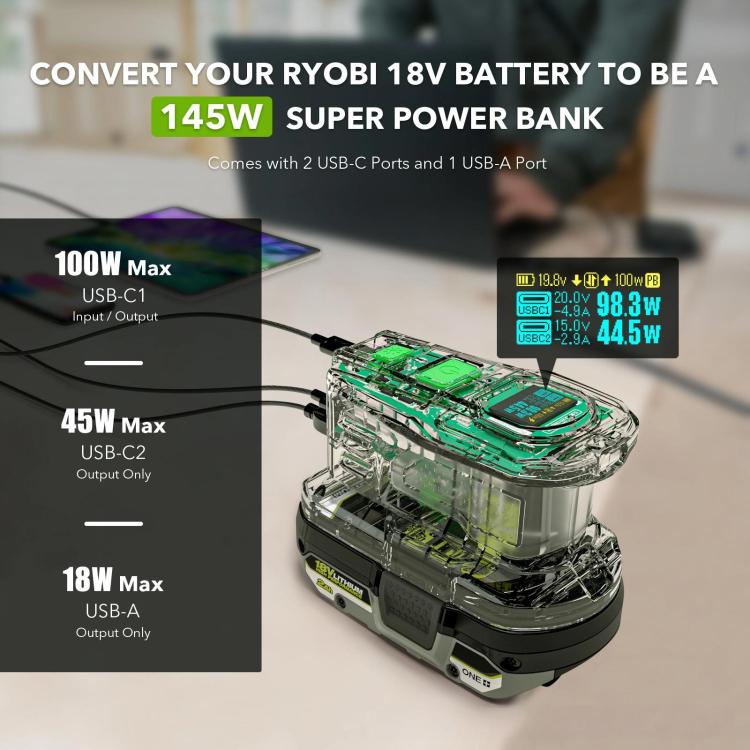 For RYOBI 18V Lithium Battery 100W Fast Charger & 145W Discharge Power Station, PSC, PSC-OB, PSC Pro, PSC Pro -OB, PSC Pro Max, PSCPM-OB
