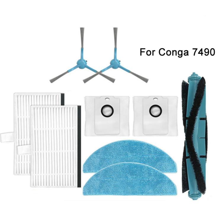 For Conga 7490 Robot Vacuum Replacement Parts, Main Brush, 2pcs Side Brush, 2pcs Mop Pad, 2pcs Dust Bag, 2pcs Filter