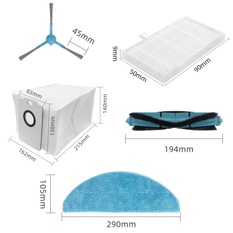 For Conga 7490 Robot Vacuum Replacement Parts, Main Brush, 2pcs Side Brush, 2pcs Mop Pad, 2pcs Dust Bag, 2pcs Filter