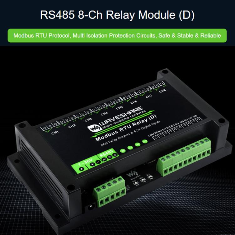 Modulo relè RS485 a 8 canali Waveshare Modbus RTU con ingresso digitale, circuiti di protezione a isolamento multiplo e alimentazione 7~36V.