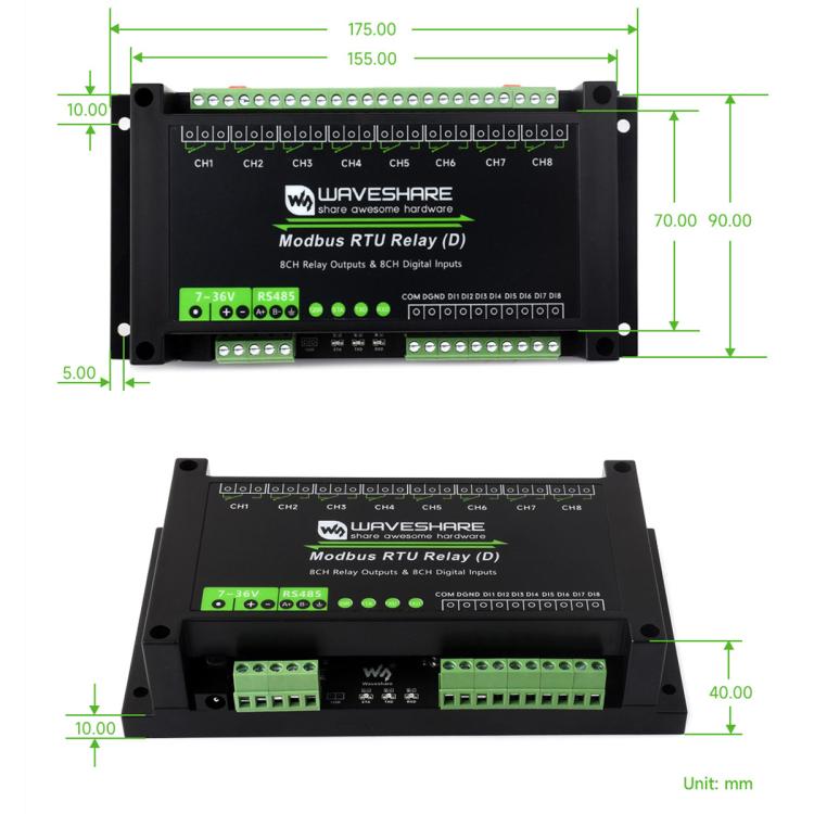 Modulo relè RS485 a 8 canali Waveshare Modbus RTU con ingresso digitale, circuiti di protezione a isolamento multiplo e alimentazione 7~36V.