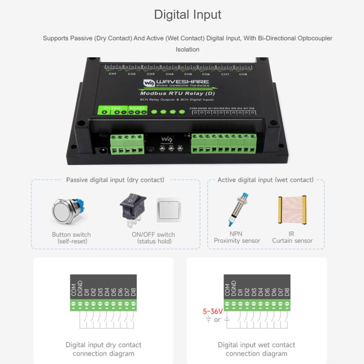 Modulo relè RS485 a 8 canali Waveshare Modbus RTU con ingresso digitale, circuiti di protezione a isolamento multiplo e alimentazione 7~36V.