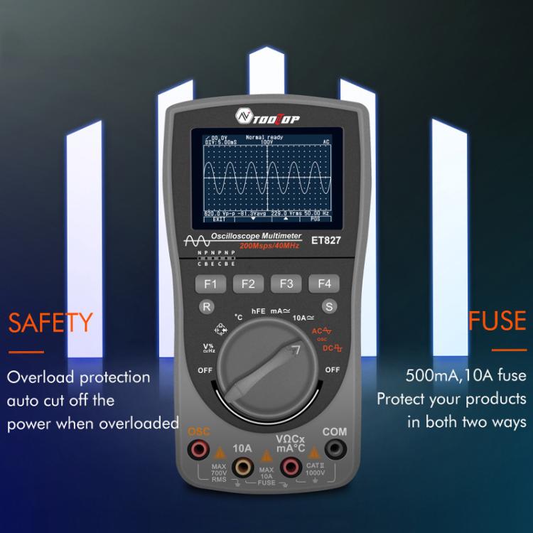 Oscilloscopio Multimetro 2 in 1 con frequenza di campionamento di 200 Msps e frequenza di campionamento di 40 MHz., ET827