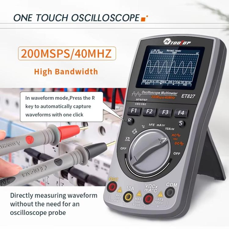 Oscilloscopio Multimetro 2 in 1 con frequenza di campionamento di 200 Msps e frequenza di campionamento di 40 MHz., ET827