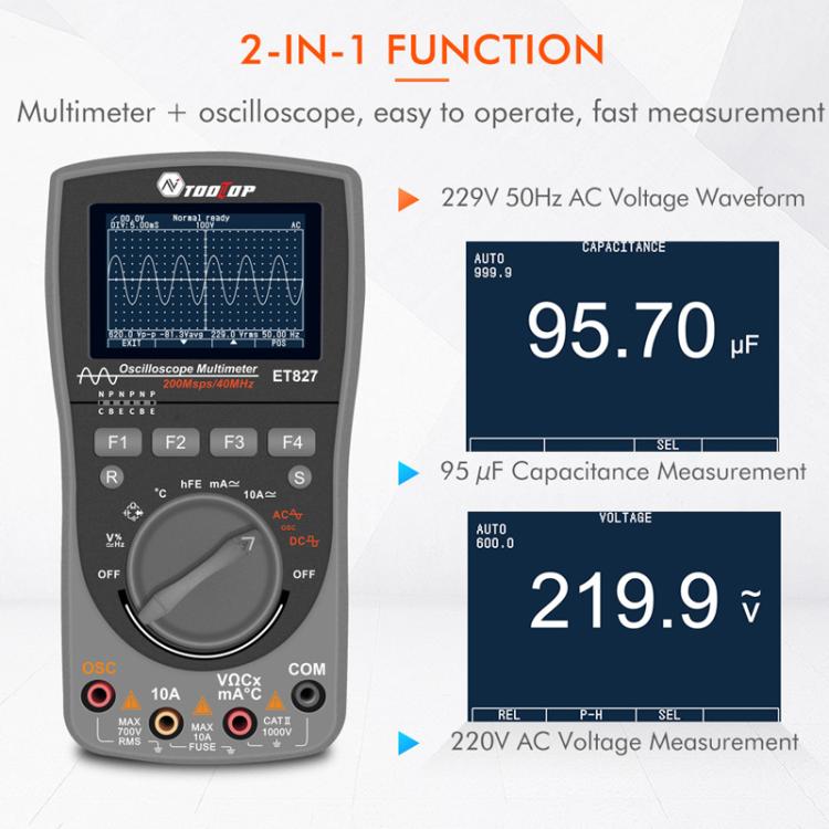 Oscilloscopio Multimetro 2 in 1 con frequenza di campionamento di 200 Msps e frequenza di campionamento di 40 MHz., ET827