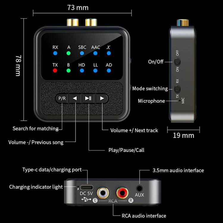 Ricetrasmettitore audio Bluetooth 5.4 2 in 1 HiFi, chiamate HD, ingresso RCA/AUX da 3,5 mm per autoradio/impianto stereo domestico., BT200