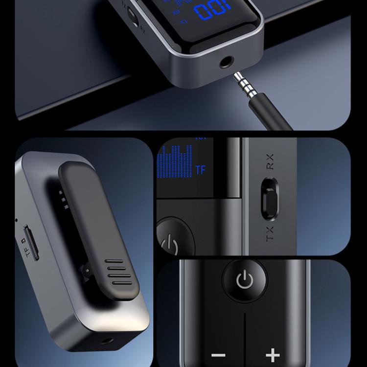Adattatore AUX per auto/viaggio 2 in 1 Bluetooth 5.4 con trasmettitore e ricevitore, jack da 3,5 mm, slot per scheda TF e clip da bavero., M20