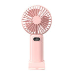 Ventilatore portatile a 5 velocità con ricarica USB e supporto da tavolo.