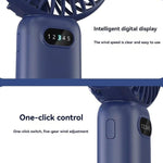 Ventilatore portatile a 5 velocità con ricarica USB e supporto da tavolo.