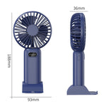 Ventilatore portatile a 5 velocità con ricarica USB e supporto da tavolo.