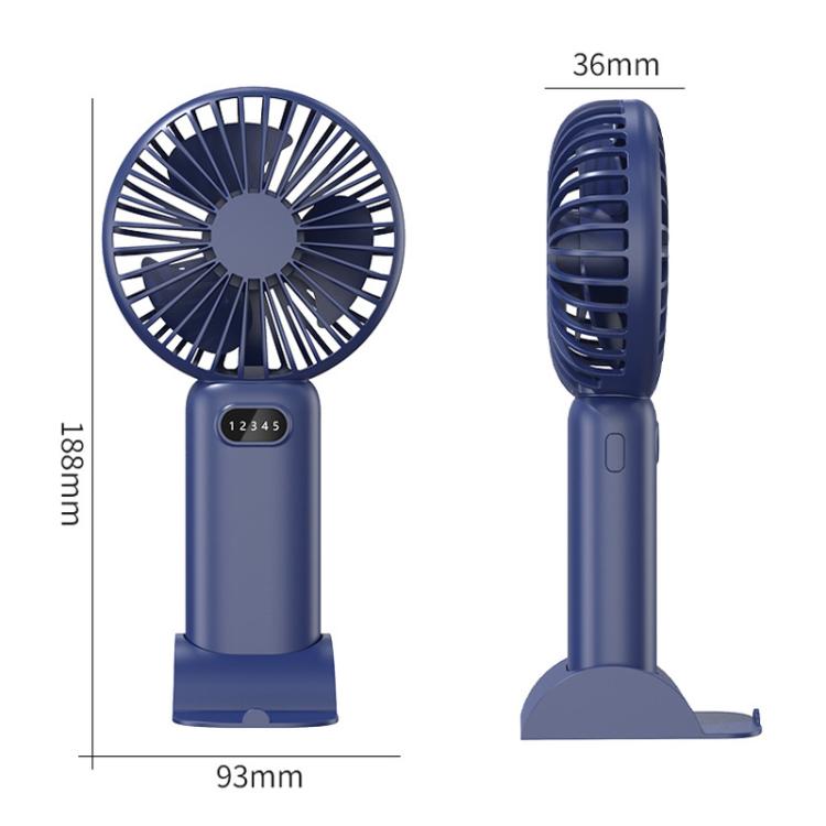 Ventilatore portatile a 5 velocità con ricarica USB e supporto da tavolo.
