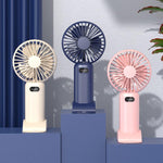 Ventilatore portatile a 5 velocità con ricarica USB e supporto da tavolo.