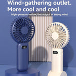 Ventilatore portatile a 5 velocità con ricarica USB e supporto da tavolo.