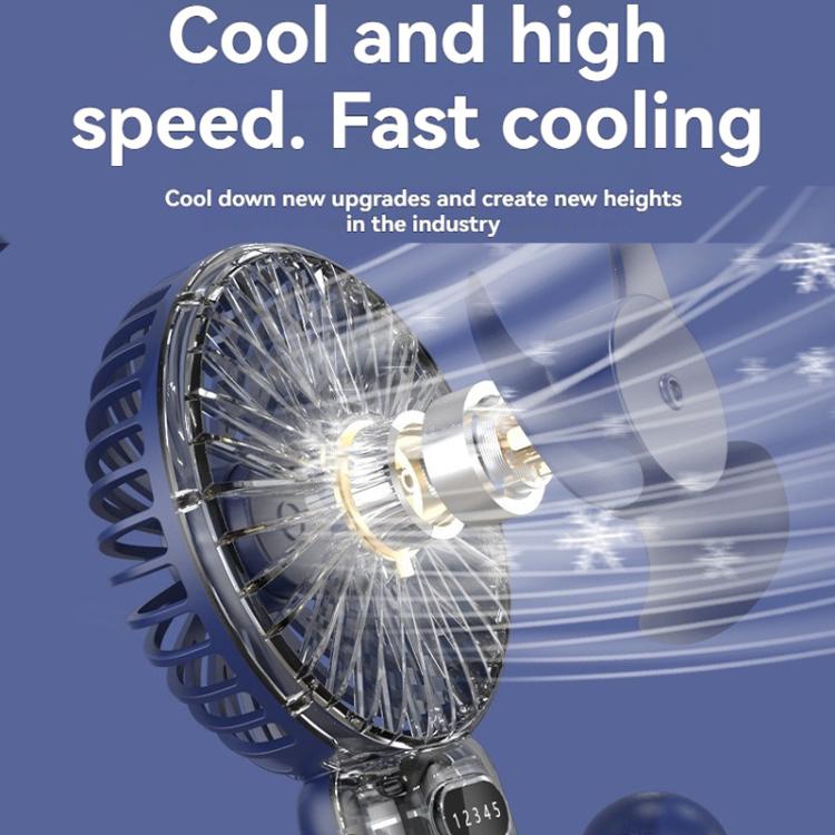 Ventilatore portatile a 5 velocità con ricarica USB e supporto da tavolo.