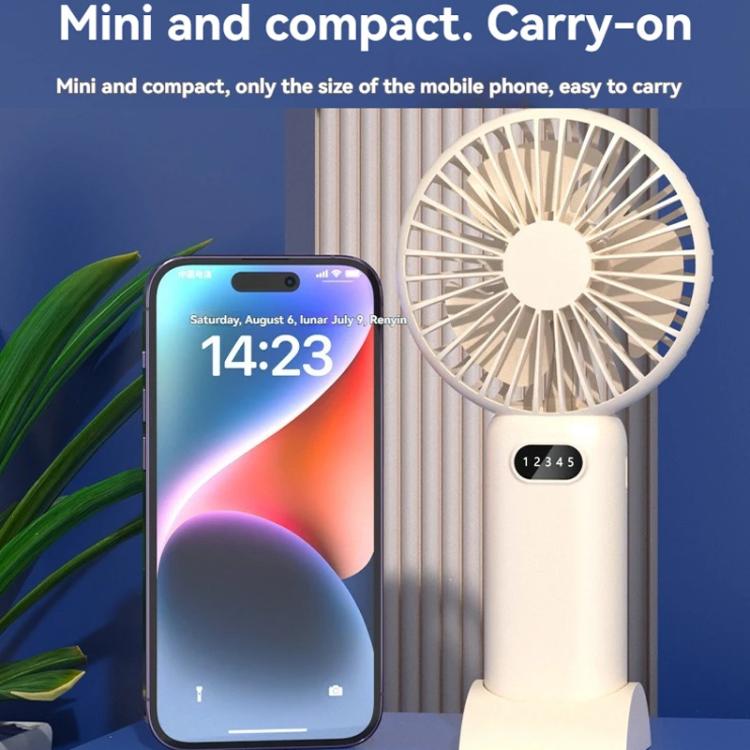 Ventilatore portatile a 5 velocità con ricarica USB e supporto da tavolo.