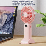 Ventilatore portatile a 5 velocità con ricarica USB e supporto da tavolo.