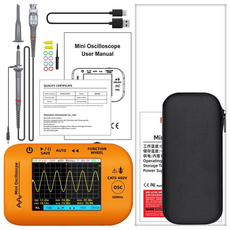 Oscilloscopio miniaturizzato con generatore di segnale, ricaricabile, portatile, schermo a colori, 50 MHz., OT4