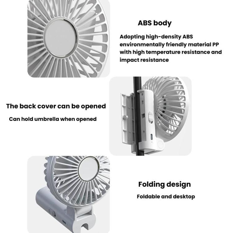 Ventilatore pieghevole da appendere all'ombrello, portatile USB, con clip per ombrello, compatto da scrivania.