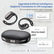 Auricolari Bluetooth con traduzione intelligente AI in 144 lingue, display digitale e custodia di ricarica.