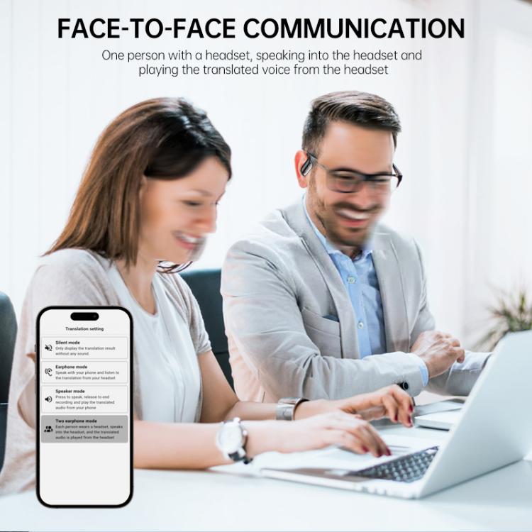 Auricolari Bluetooth con traduzione intelligente AI in 144 lingue, display digitale e custodia di ricarica.