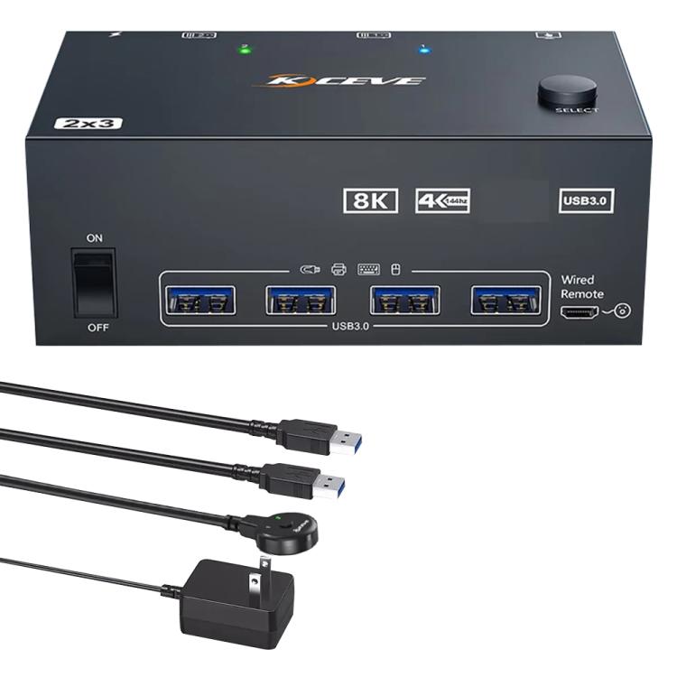 KCEVE KC-KVM204DH 2 In 4 Out 8K 60Hz KVM Switch For 2 Computer 4 Monitors, US Plug, EU Plug, AU Plug, UK Plug