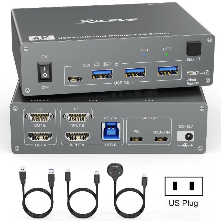 KVEVE KC-KVM202CH USB 3.0 Dual Monitor 4K 60Hz KVM Switch, US Plug, EU Plug, AU Plug, UK Plug