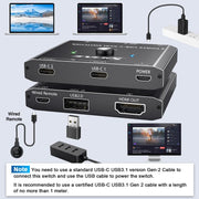 KCEVE KC-C201H 2 Type-C Input 1 Output KVM Switch Support 4K 60Hz, KC-C201H