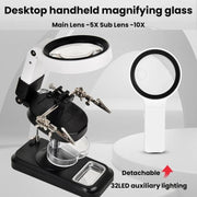 Lente d'ingrandimento da tavolo 5x e 10x, portatile, con 32 LED, per saldatore e banco da lavoro di manutenzione.
