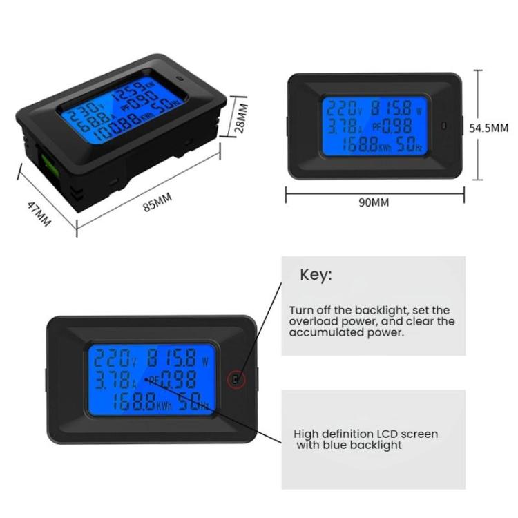 Contatore elettrico multifunzione, digitale, per la misurazione della tensione e della frequenza in corrente alternata., AC 20A 4400W, AC 100A 22000W With Transformer