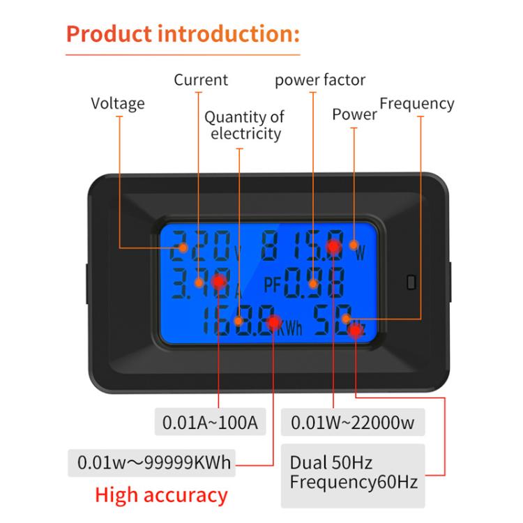 Contatore elettrico multifunzione, digitale, per la misurazione della tensione e della frequenza in corrente alternata., AC 20A 4400W, AC 100A 22000W With Transformer