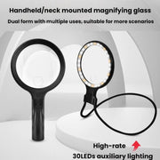 Lente d'ingrandimento 5/10X con 30 LED, ricarica USB, da collo, portatile, per lettura e manutenzione., 5/10X