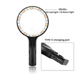 Lente d'ingrandimento 5/10X con 30 LED, ricarica USB, da collo, portatile, per lettura e manutenzione., 5/10X