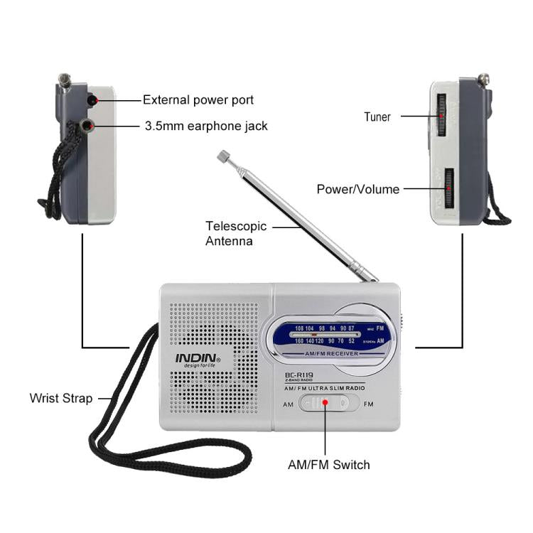 INDIN BC-R119 Portable AM/FM Radio for Seniors 530-1610KHz AM & 88-108MHz FM Lightweight Emergency Radio, BC-R119