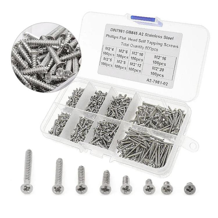 Kit di 800 viti autofilettanti Phillips in acciaio al carbonio, metriche, misurate M2, da 800 pezzi., 800pcs /Set Round Head, 800pcs /Set Flat Head