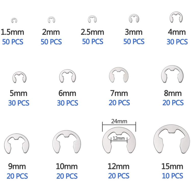 400 pezzi/set Anelli elastici aperti tipo E in acciaio inossidabile da 1,5-15 mm, confezionati in scatola, 400pcs /Set