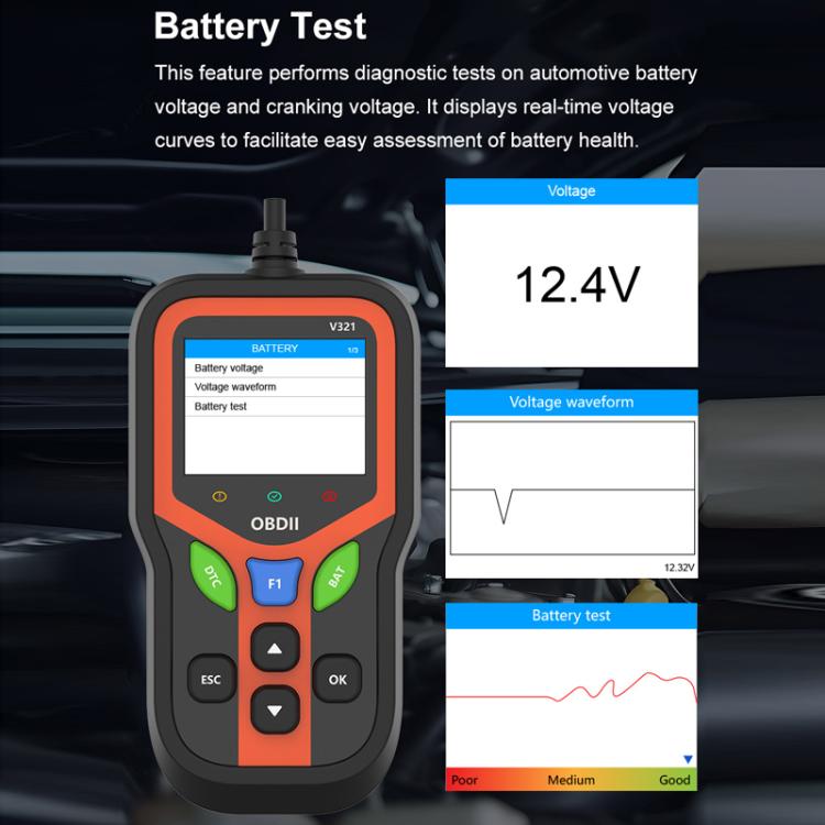 Tester di guasto/stato di salute della batteria auto OBD 9-16V, V321