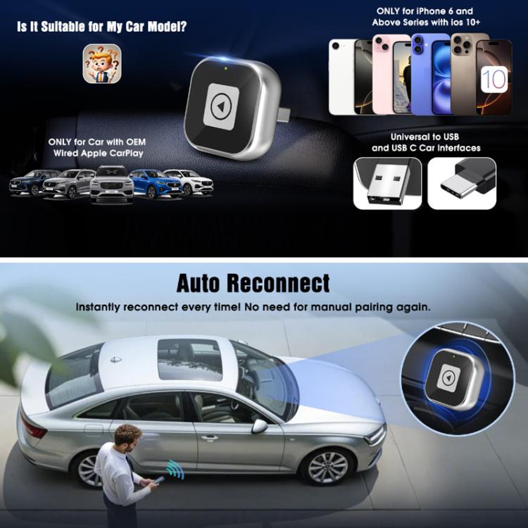 Adattatore da cablato a wireless per CarPlay, per la connettività in auto., Mini Square