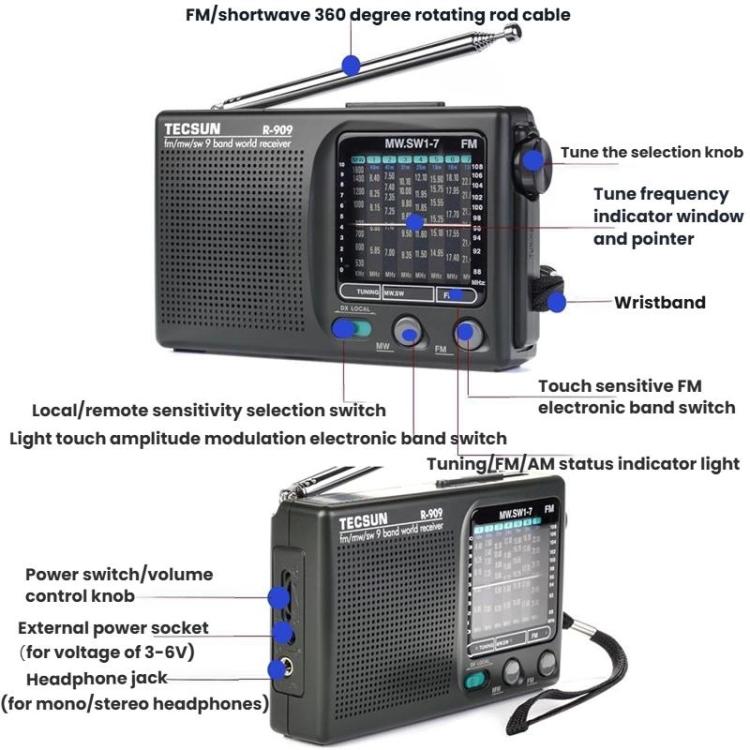 Radio portatile TECSUN R-909 AM FM SW 9 bande