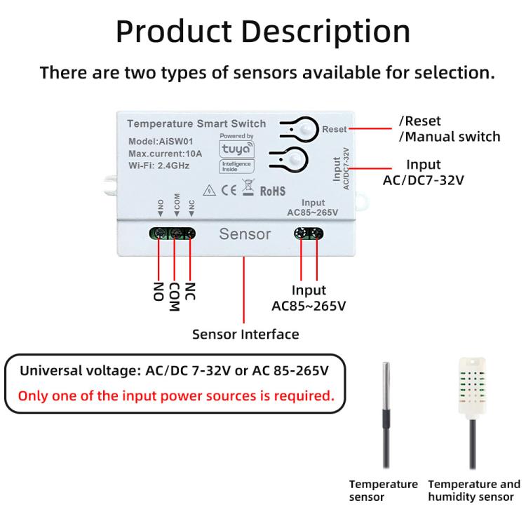 Modulo interruttore a contatto secco con controllo remoto tramite app, compatibile con Graffiti WIFI e tecnologia Wi-Fi, supporta i comandi vocali di Google e Alexa., With 1m Cable, With 2m Cable, Humidity+Integrated 1m Cable