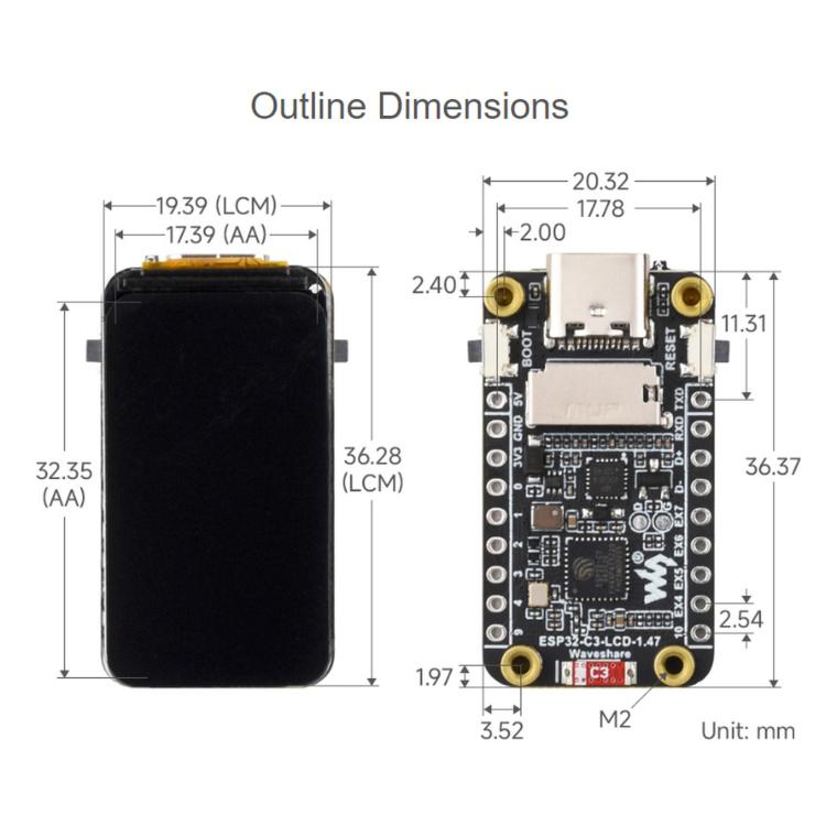Scheda di sviluppo Waveshare ESP32-C3 con display LCD da 1,47 pollici e processore single-core RISC-V a 32 bit., Unsoldered Headers, Soldered Black Headers
