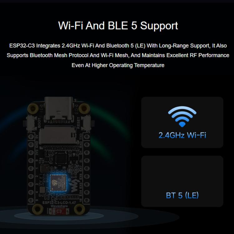 Scheda di sviluppo Waveshare ESP32-C3 con display LCD da 1,47 pollici e processore single-core RISC-V a 32 bit., Unsoldered Headers, Soldered Black Headers