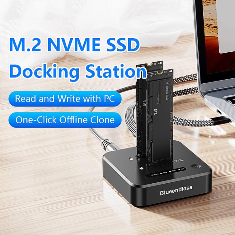 Docking station Blueendless SD08A M.2 NVMe SSD con doppio alloggiamento USB 3.2 Gen2 a 10 Gbps e funzione di clonazione offline con un solo tasto., US Plug, EU Plug, UK Plug