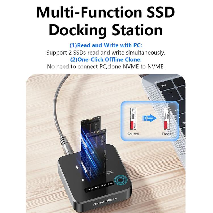 Docking station Blueendless SD08A M.2 NVMe SSD con doppio alloggiamento USB 3.2 Gen2 a 10 Gbps e funzione di clonazione offline con un solo tasto., US Plug, EU Plug, UK Plug
