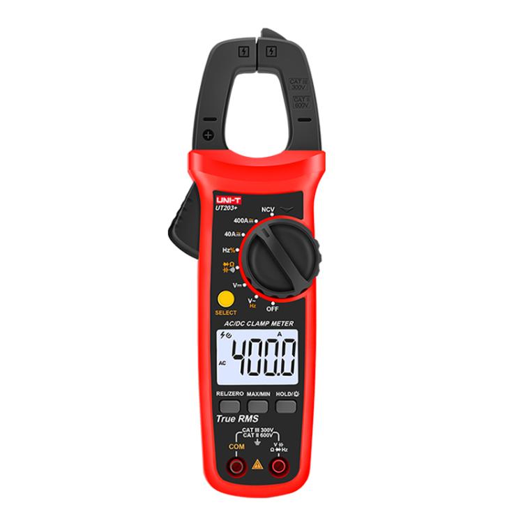 Pinza amperometrica digitale True RMS a selezione automatica della portata, 400 A AC/DC con NCV, display LCD retroilluminato, rilevamento filo sotto tensione e funzione di memorizzazione dati., UNI-T UT203+