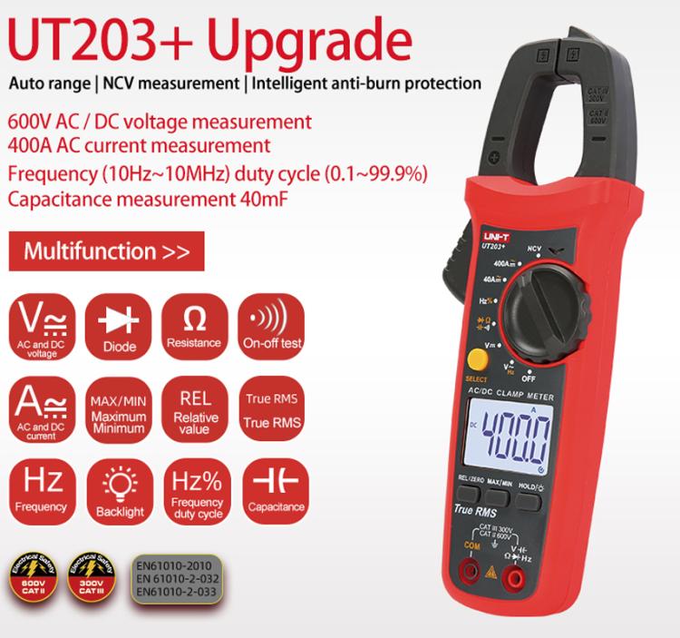 Pinza amperometrica digitale True RMS a selezione automatica della portata, 400 A AC/DC con NCV, display LCD retroilluminato, rilevamento filo sotto tensione e funzione di memorizzazione dati., UNI-T UT203+